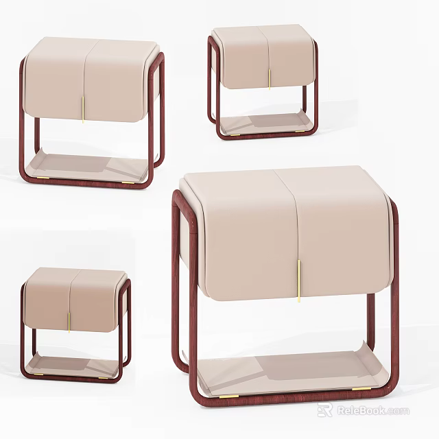 Modern Beige Fabric Upholstered Nightstand With Wooden Frame And Gold Accents 3d model 