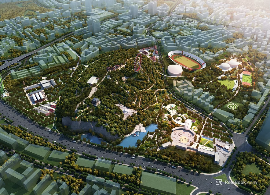 Urban Park Landscape With Lush Trees Green Spaces Lakes Stadium And Recreational Areas In City 3d model 