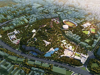 Urban Park Landscape With Lush Trees Green Spaces Lakes Stadium And Recreational Areas In City 3d model