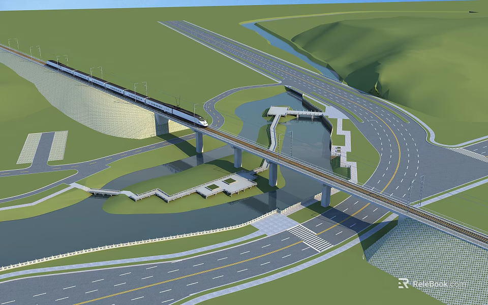 Garden Landscape Design With Bridge River Road Green Space And Pathway Structures 3d model