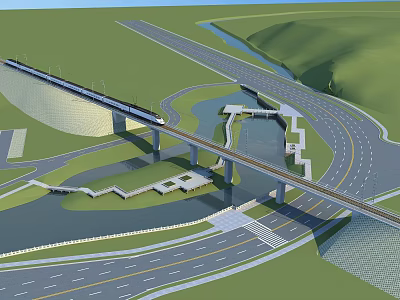 Garden Landscape Design With Bridge River Road Green Space And Pathway Structures 3d model