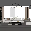 Modern Living Room Interior With Beige Sofa Circular Pendant Lights Coffee Table And Bookshelf