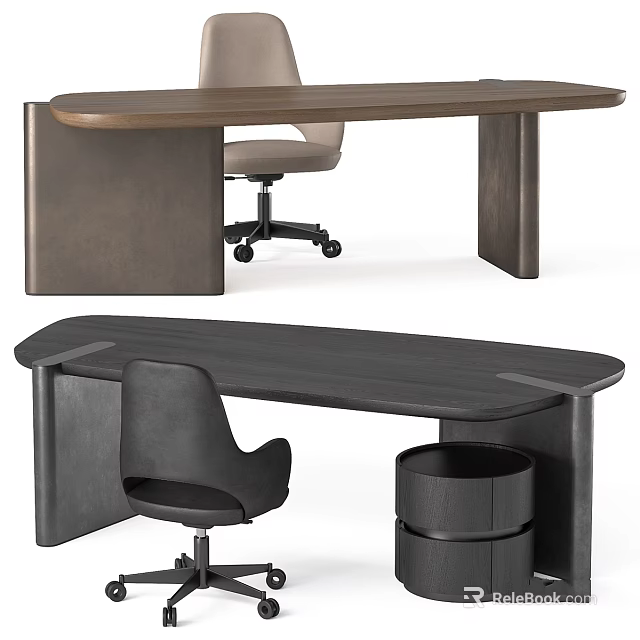 Modern Office Desk And Wheeled Chair Set With Wooden Top And Leather Seat 3d model 