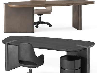 Modern Office Desk And Wheeled Chair Set With Wooden Top And Leather Seat 3d model