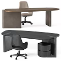 Modern Office Desk And Wheeled Chair Set With Wooden Top And Leather Seat
