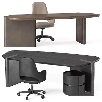 Modern Office Desk And Wheeled Chair Set With Wooden Top And Leather Seat 3d model
