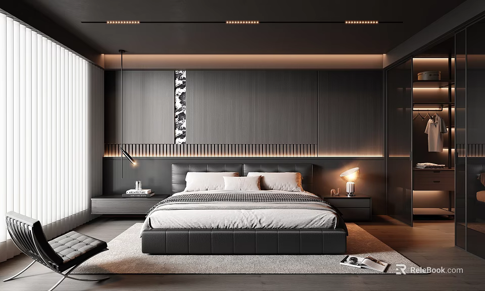Modern Dark Wooden Bedroom Interior With Platform Bed Bedside Tables Table Lamps Rug And Window 3d model 