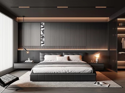 Modern Dark Wooden Bedroom Interior With Platform Bed Bedside Tables Table Lamps Rug And Window 3d model