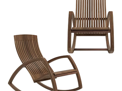 Wooden Rocking Chair with Slatted Back Design and Curved Armrests for Comfortable Seating 3d model