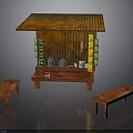 Traditional Wooden Street Stall With Tiled Roof And Side Hanging Items Plus Two Benches