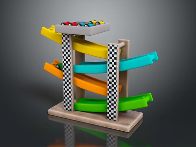 Colorful Multi Level Toy Train Track With Black White Checkered Pillars And Wooden Base 3d model