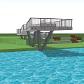 Waterfront Road Infrastructure With Footbridge Railing Support Pillars And Grass Area 3d model
