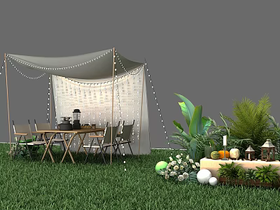Outdoor Garden Dining Setup With Canopy String Lights Wooden Table Chairs And Decorative Plants 3d model