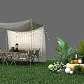 Outdoor Garden Dining Setup With Canopy String Lights Wooden Table Chairs And Decorative Plants