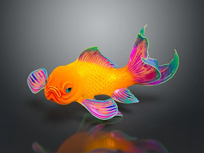 Shiny Orange Goldfish With Colorful Fins Tail And Reflection On Dark Background 3d model