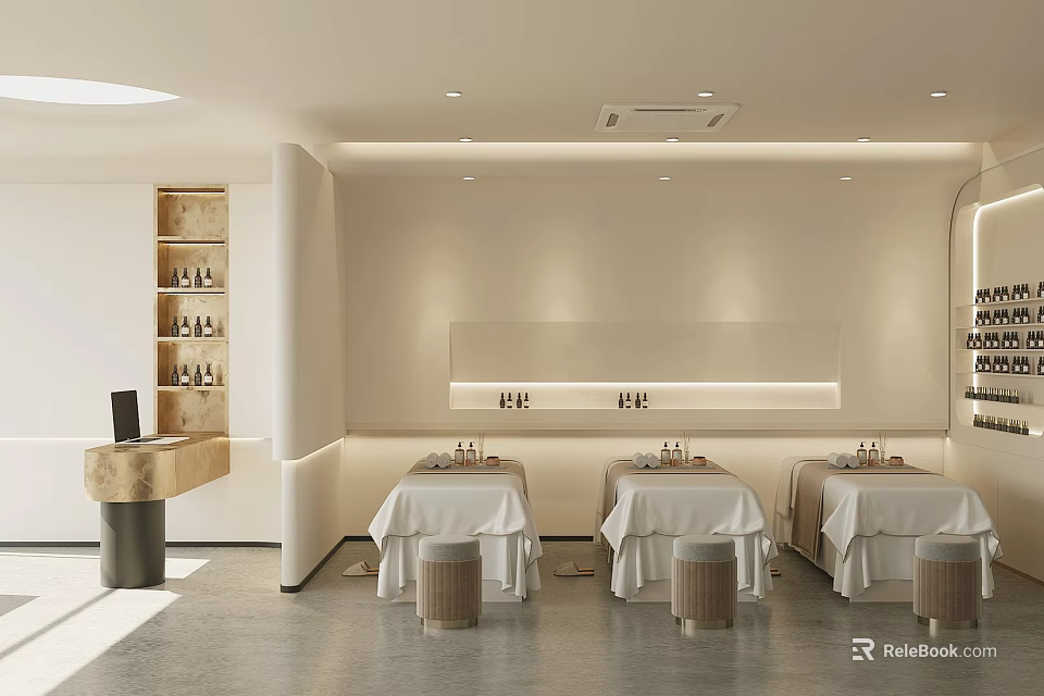 Modern Beauty Hair Salon Interior With Styling Chairs Mirrors And Product Display Shelves 3d model 