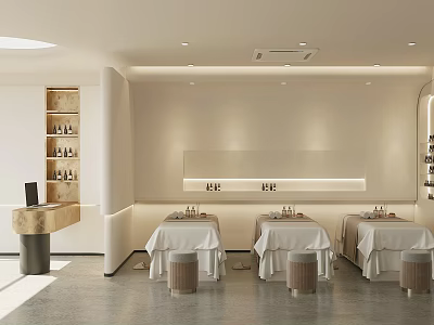 Modern Beauty Hair Salon Interior With Styling Chairs Mirrors And Product Display Shelves 3d model