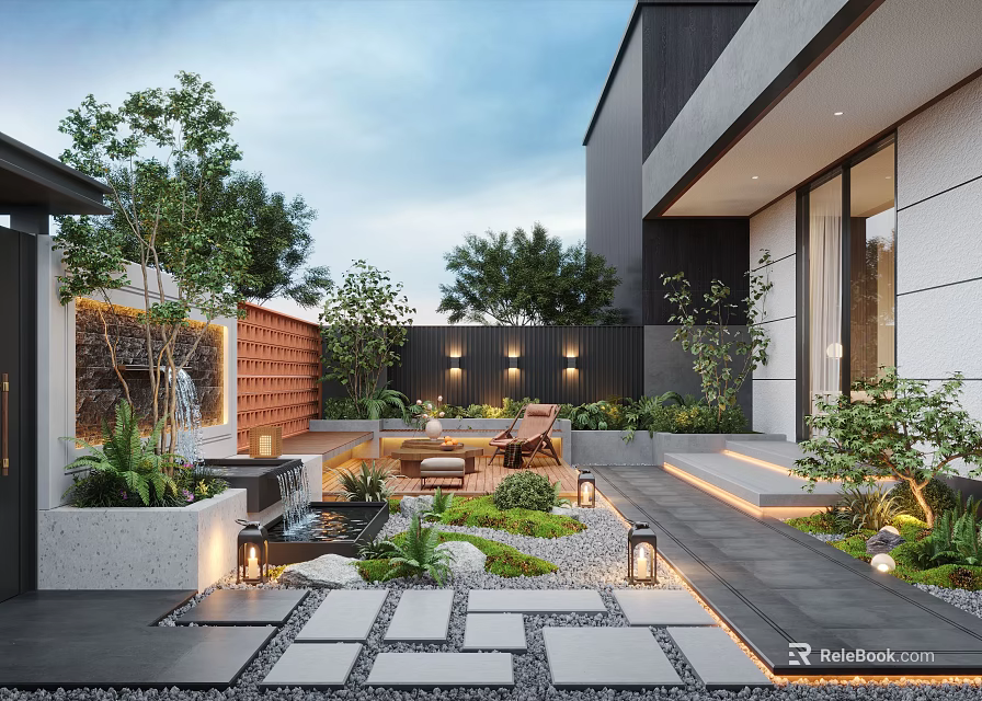 Modern Garden Design With Lush Plants Stone Path And Lounge Chairs 3d model 