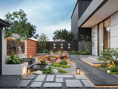Modern Garden Design With Lush Plants Stone Path And Lounge Chairs 3d model