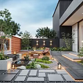 Modern Garden Design With Lush Plants Stone Path And Lounge Chairs