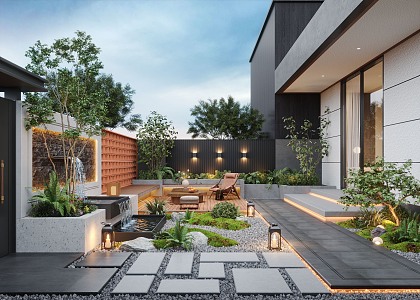 Courtyard Landscape Home Courtyard Villa Courtyard Landscape Sparkment Landscape Wall Waterscape Wall Outdoor Sofa 3d model