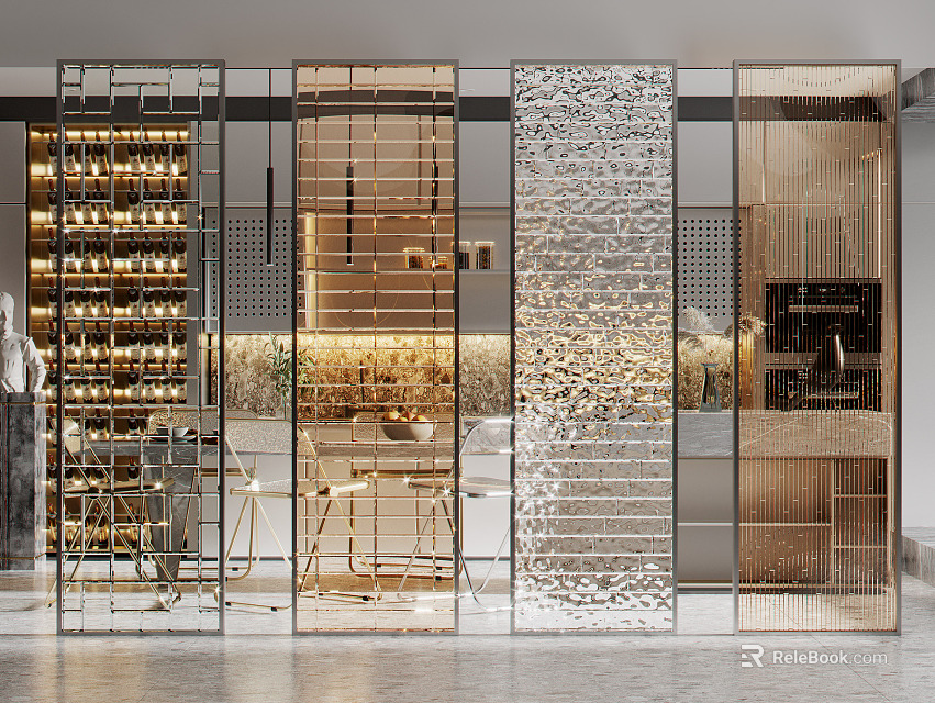 Modern Interior Partition With Sleek Metal Frame And Decorative Glass Design 3d model 