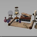 Magical Items Collection With Crystal Ball Hourglass Scrolls Candles Potion Bottles And Ancient Books