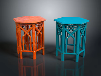 Modern Wooden Stools With Hexagonal Top And Crossed Lattice Design Legs In Orange And Blue 3d model