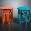 Modern Wooden Stools With Hexagonal Top And Crossed Lattice Design Legs In Orange And Blue