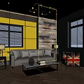 Modern Industrial Style Office Reception Space With Featured Brand Wall And Bright Yellow Lounge Chairs