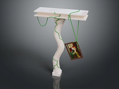 Scenic Landscape Photo Displayed On White Spiral Pedestal With Green Vines Wrapped Around 3d model