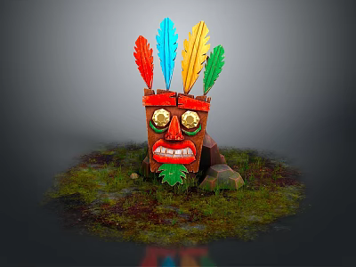 Tribal Wooden Mask With Red Blue Yellow Green Feathers Golden Eyes And Green Leaf On Grass With Stones 3d model