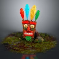 Tribal Wooden Mask With Red Blue Yellow Green Feathers Golden Eyes And Green Leaf On Grass With Stones