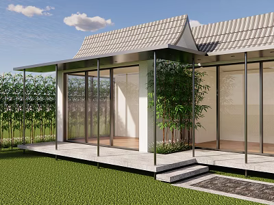 Modern Guesthouse Building With Tiled Roof Large Glass Doors Terrace Green Plants Lawn And Steps 3d model
