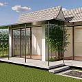 Modern Guesthouse Building With Tiled Roof Large Glass Doors Terrace Green Plants Lawn And Steps