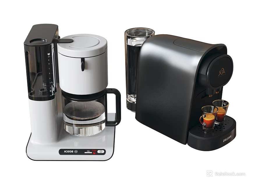 White And Black Kitchen Coffee Makers With Glass Carafe And Espresso Cups 3d model 