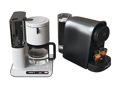 White And Black Kitchen Coffee Makers With Glass Carafe And Espresso Cups 3d model