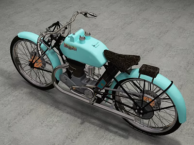 Classic Light Blue Vintage Motorcycle With Black Seat And Chrome Details 3d model