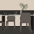 Modern Dining Table Set With Mixed Color Chairs And Green Plant In Minimalist Kitchen