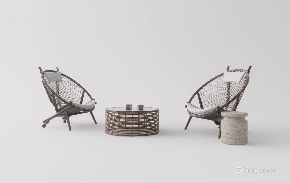 Wicker Leisure Chairs With White Cushions And Round Coffee Table 3d model 