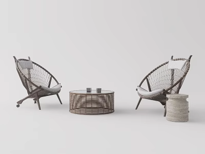 Wicker Leisure Chairs With White Cushions And Round Coffee Table 3d model