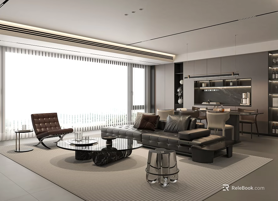 Modern Living Dining Room Interior With Sofa Coffee Table And Natural Light 3d model