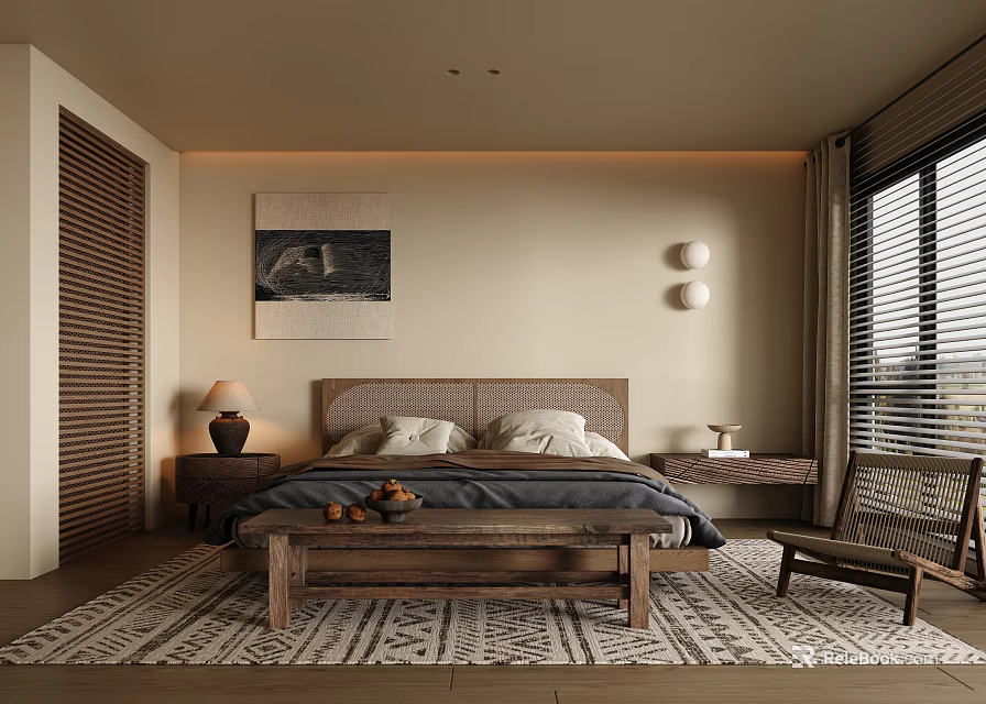 Tranquil Bedroom Interior Featuring Wooden Bed Rattan Headboard Bedside Tables Lamp And Rug 3d model 