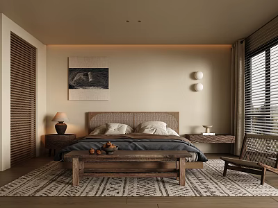 Tranquil Bedroom Interior Featuring Wooden Bed Rattan Headboard Bedside Tables Lamp And Rug 3d model