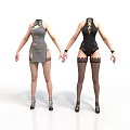 Two Women in Fashionable Outfits with Gray Dress Black Lingerie Stockings and Heels