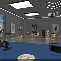Modern Fitness Studio Interior With Comfortable Sofas Round Tables Plants And Bookshelves 3d model