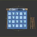 Blue Brushes Painting Colorful Stripes on Blue Cubes with Wooden Stools and Plank Floor