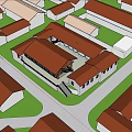 Two Story School Building With Red Roof Wooden Balcony Green Plants And Flower Pots