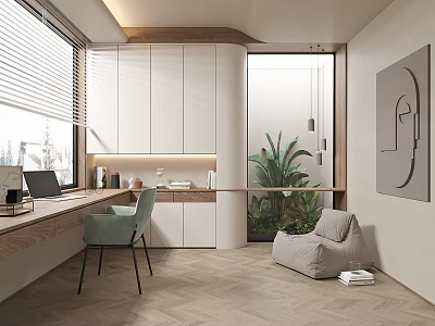 Modern Home Office With White Cabinets Wooden Desk Light Green Chair And Beige Bean Bag 3d model