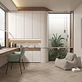 Modern Home Office With White Cabinets Wooden Desk Light Green Chair And Beige Bean Bag